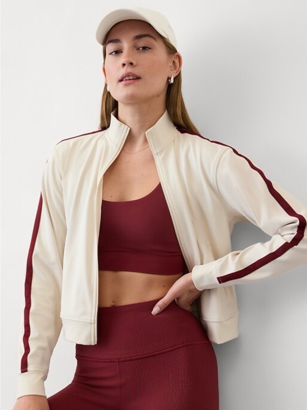NWOT Athleta Finish Line Jacket in Bone Varsity Stripe Size Medium
